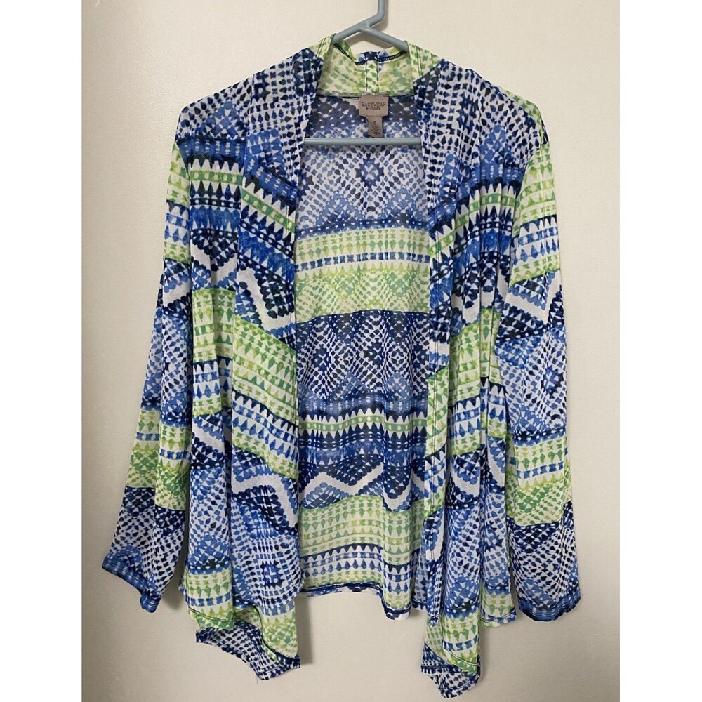 Easywear Chico's 3 Open Front Cardigan Size XL Blue Green Sheer Long Sleeve